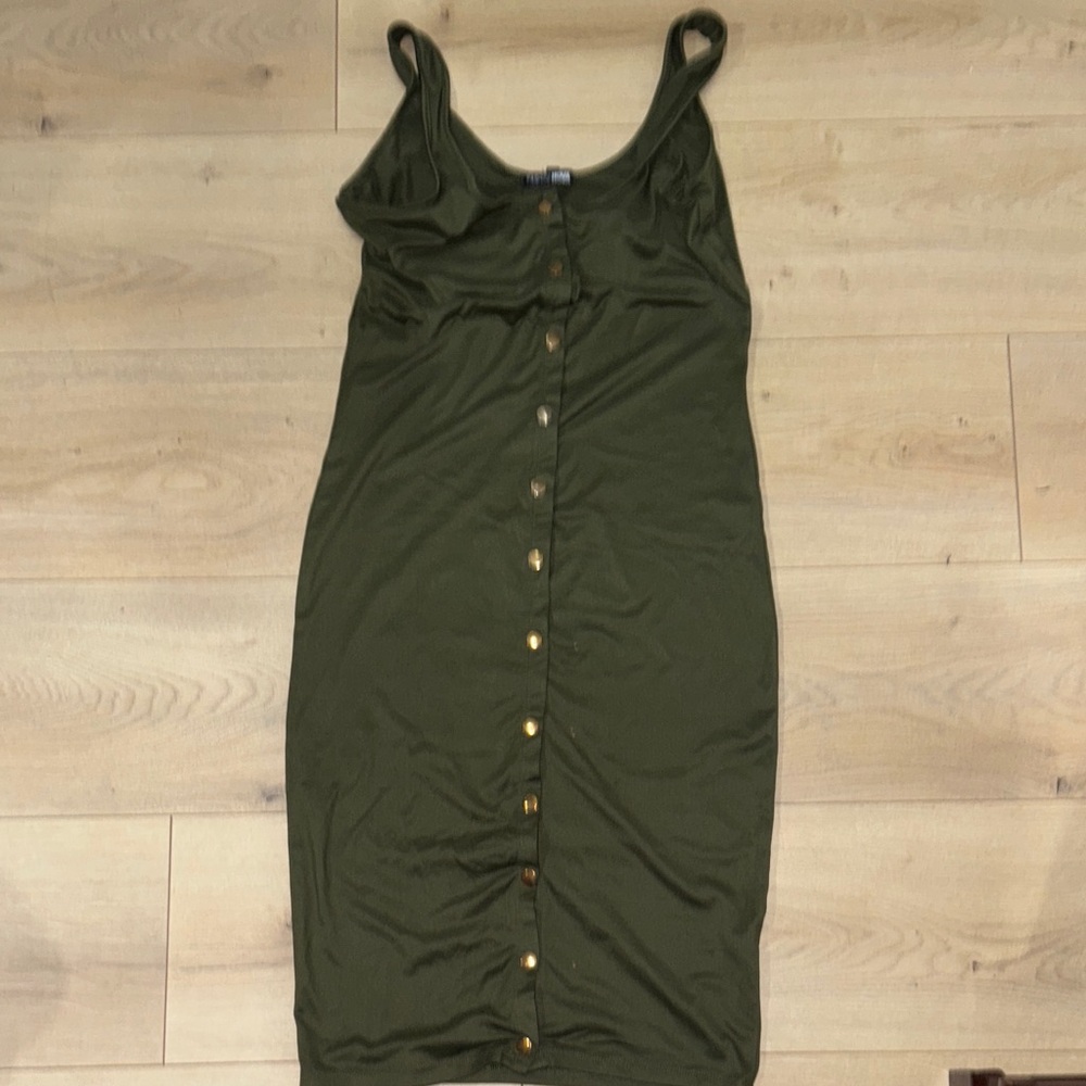 Fashion Nova Olive Green Midi Dress with Gold Buttons